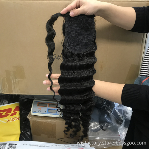 factory price good quality ponytail human hair extensions,100% brazilian human hair deep wave curly ponytail,clip in ponytails